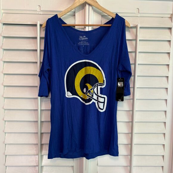 Majestic Blue Cold Shoulder Rams Tee Size Large - Picture 1 of 6